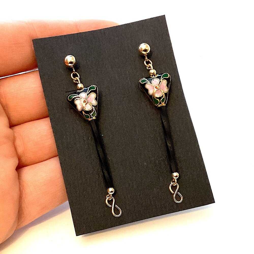 Vintage 14k Gold Cloisonne Earrings, Long and Unique Dangle Jewelry, Art Nouveau - Picture 4 of 8